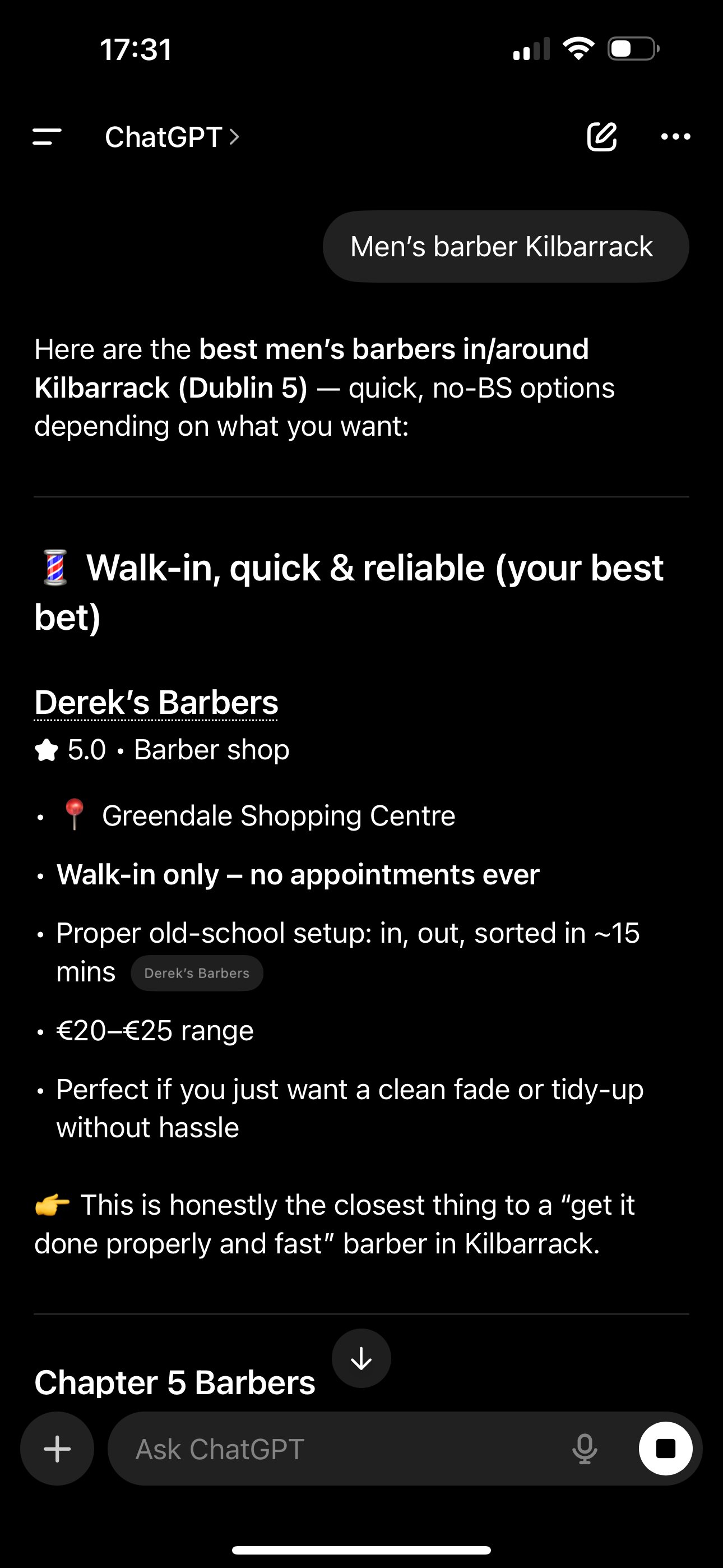 ChatGPT recommending Derek's Barbers first, walk-in, Greendale Shopping Centre