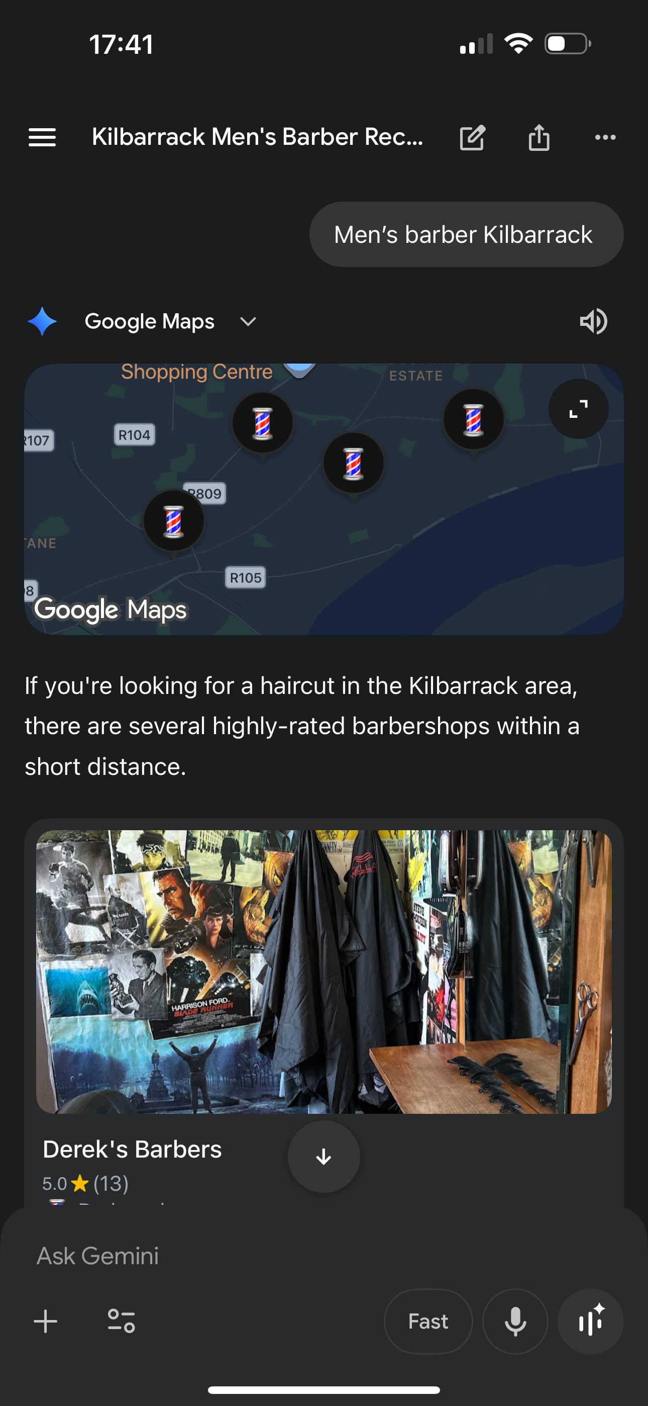 Google Gemini showing Derek's Barbers 5.0 stars on the Kilbarrack map