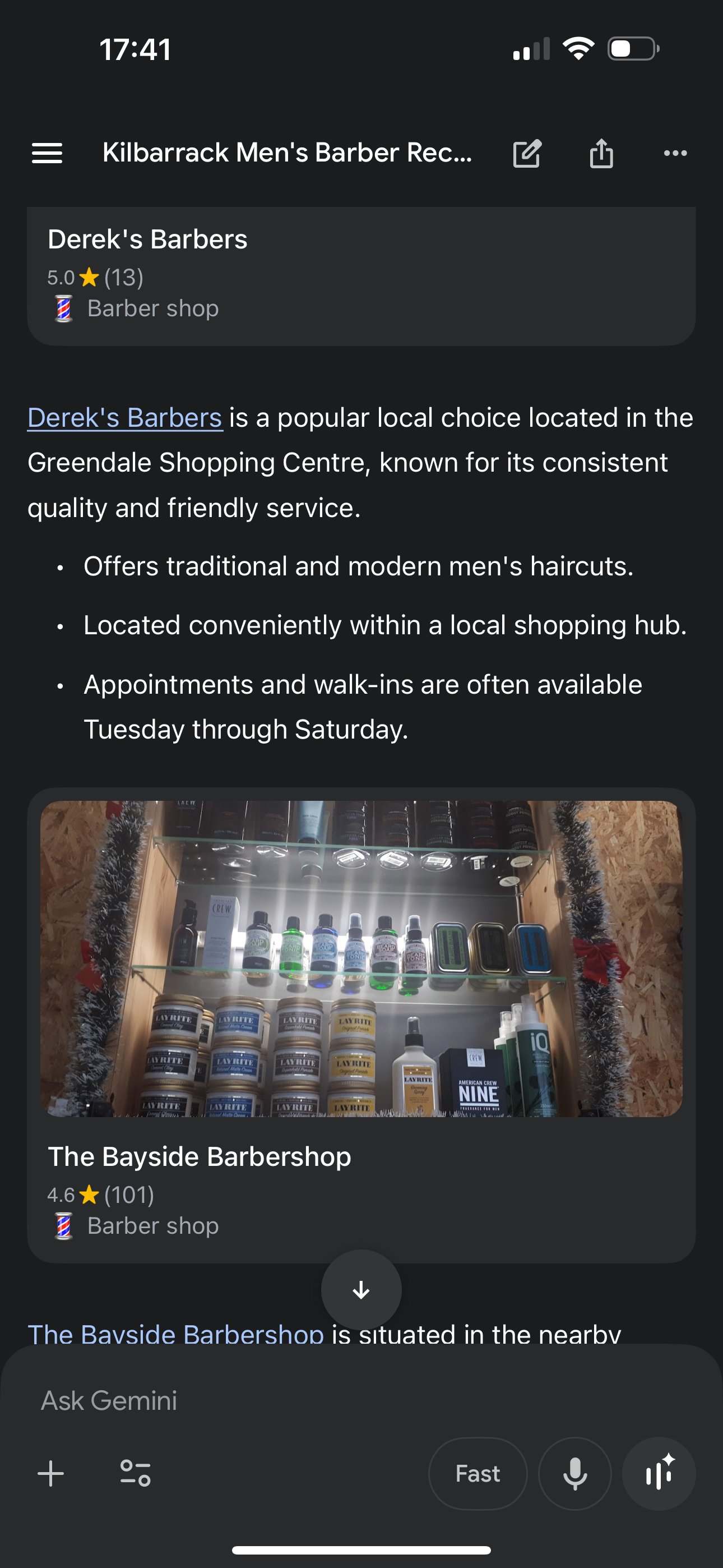 Google Gemini showing Derek's Barbers 5.0 stars with 13 reviews