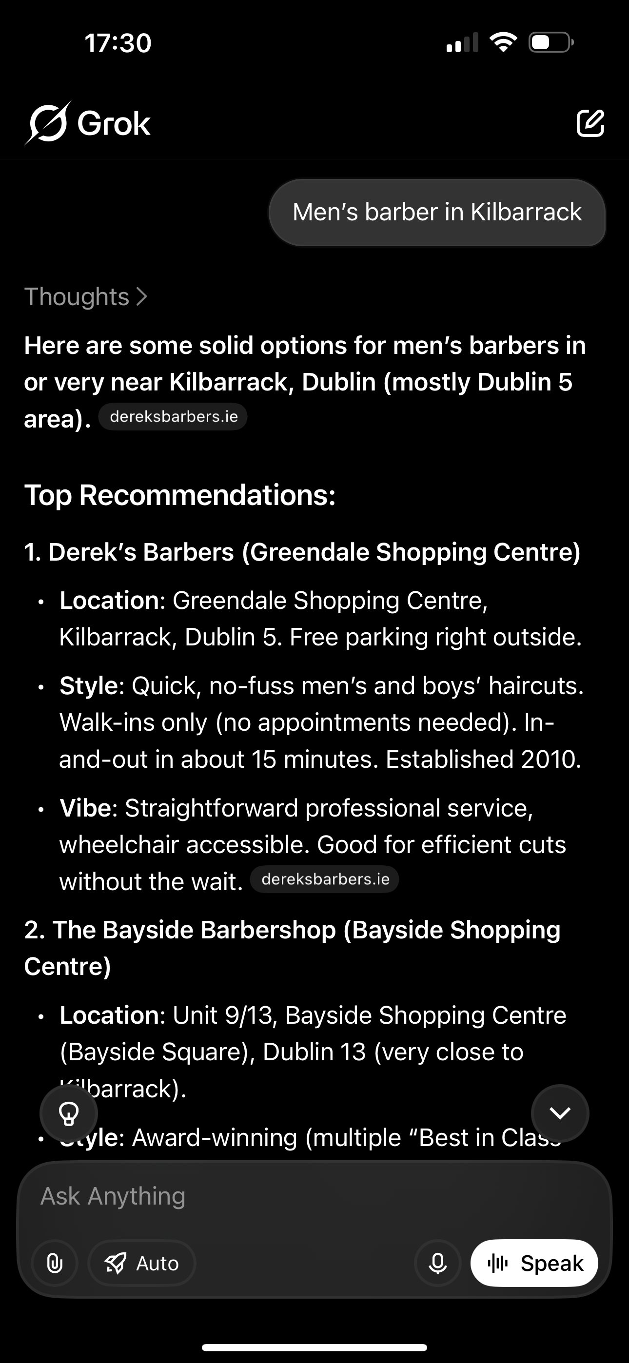 Grok recommending Derek's Barbers first, Greendale Shopping Centre Dublin 5