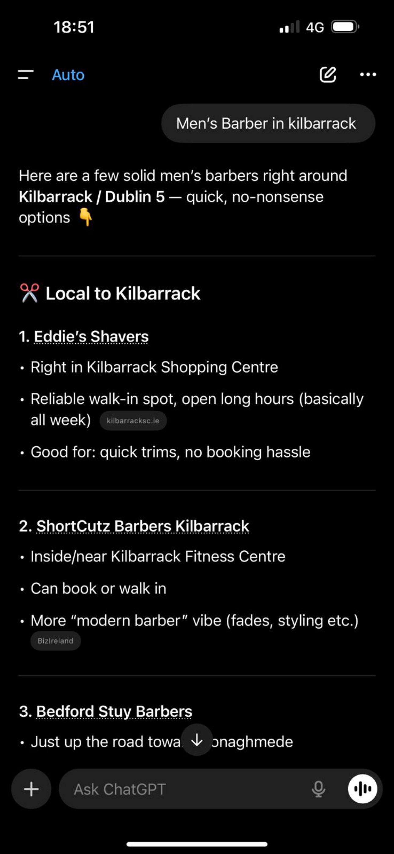 ChatGPT recommending Eddie's Shavers and ShortCutz in Kilbarrack without mentioning Derek's Barbers
