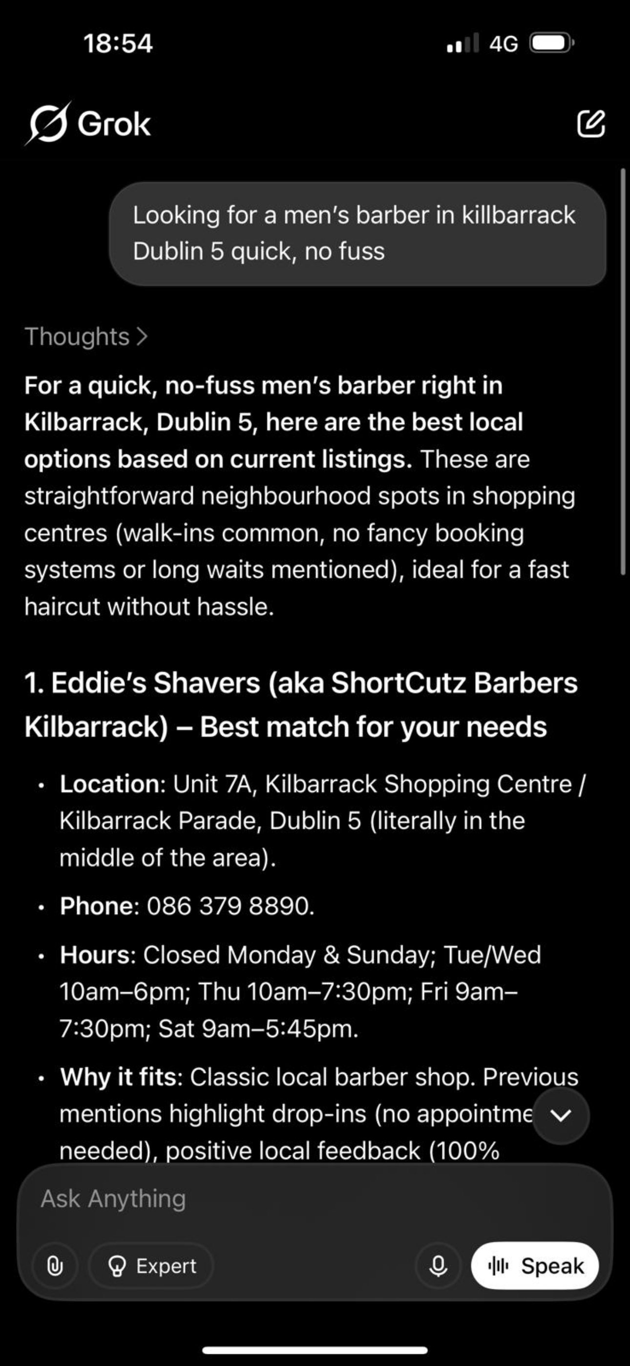 Grok recommending Eddie's Shavers in Kilbarrack Dublin 5, Derek's Barbers not mentioned